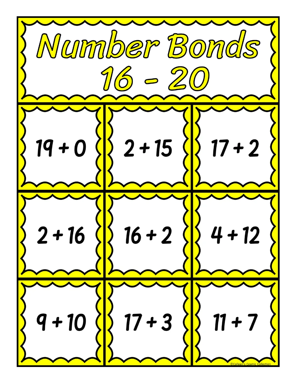 Sixth supplied bingo board for sums from 16 to 20 includes 19 + 0, 2 + 15, 17 + 2, and six more expressions