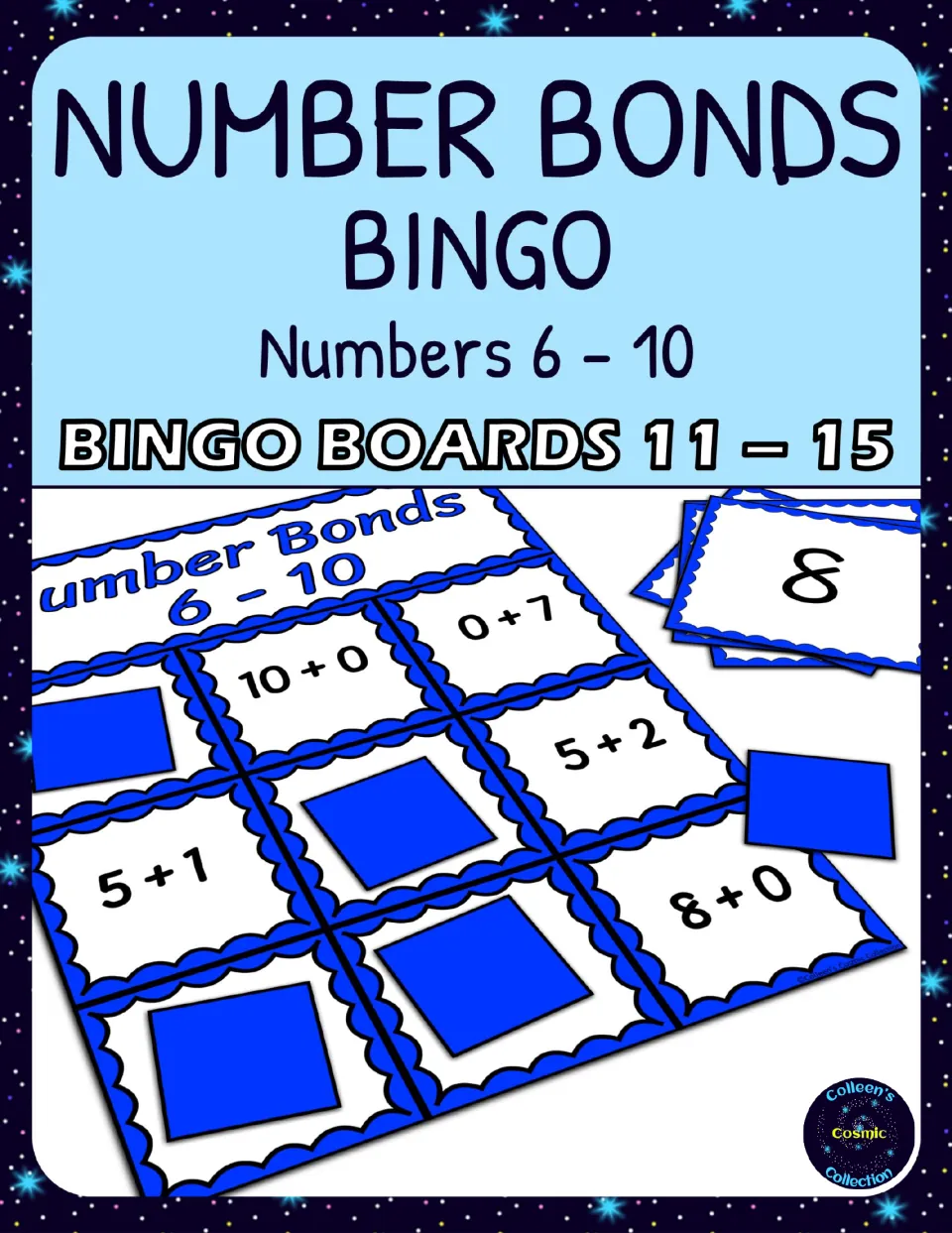 Number Bonds 6-10 Bingo - Boards 11-15 cover showing an example board, a calling card, and playing squares