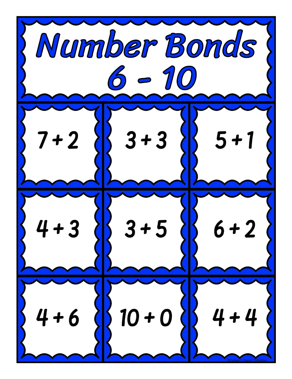 First bingo board for sums 6–10: 7 + 2, 3 + 3, 5 + 1, 4 + 3, 3 + 5, 6 + 2, 4 + 6, 10 + 0, and 4 + 4