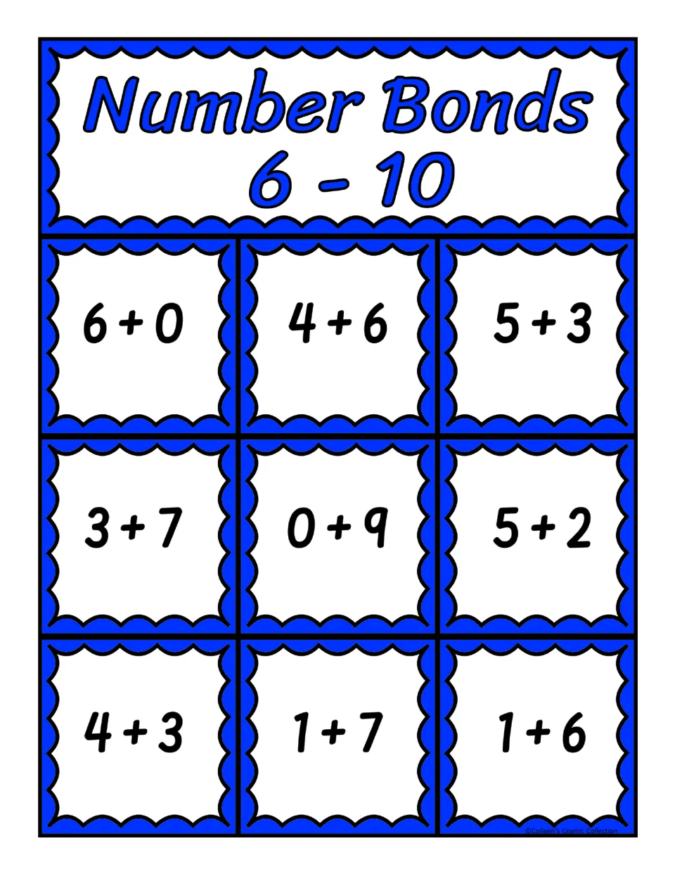Second bingo board for sums 6–10: 6 + 0, 4 + 6, 5 + 3, 3 + 7, 0 + 9, 5 + 2, 4 + 3, 1 + 7, and 1 + 6