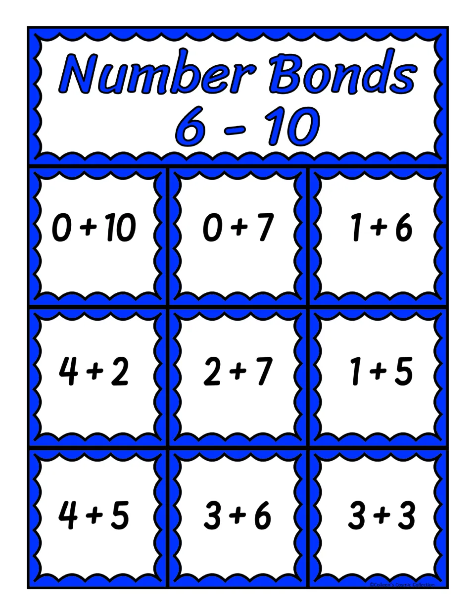 Third bingo board for sums 6–10: 0 + 10, 0 + 7, 1 + 6, 4 + 2, 2 + 7, 1 + 5, 4 + 5, 3 + 6, and 3 + 3
