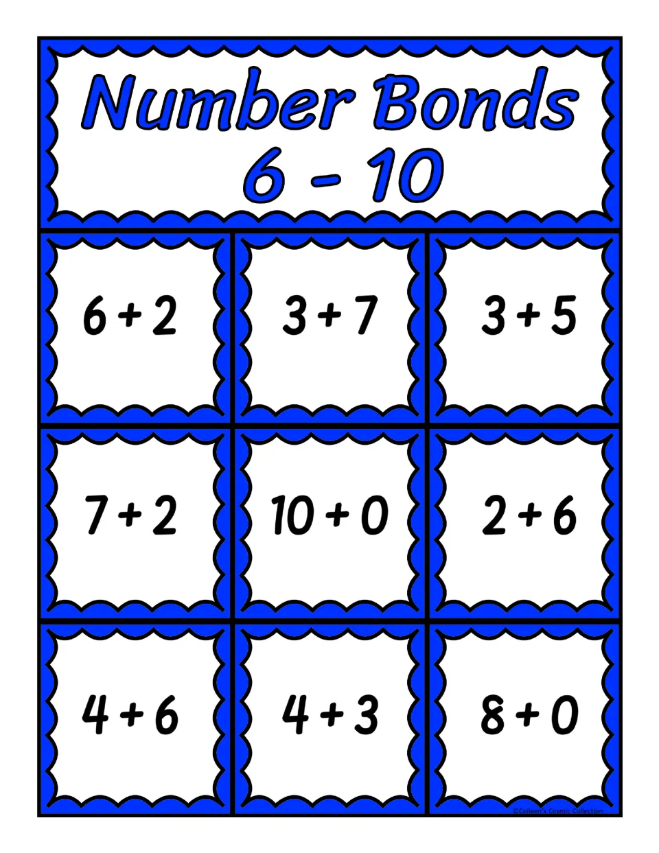 Fourth bingo board for sums 6–10: 6 + 2, 3 + 7, 3 + 5, 7 + 2, 10 + 0, 2 + 6, 4 + 6, 4 + 3, and 8 + 0