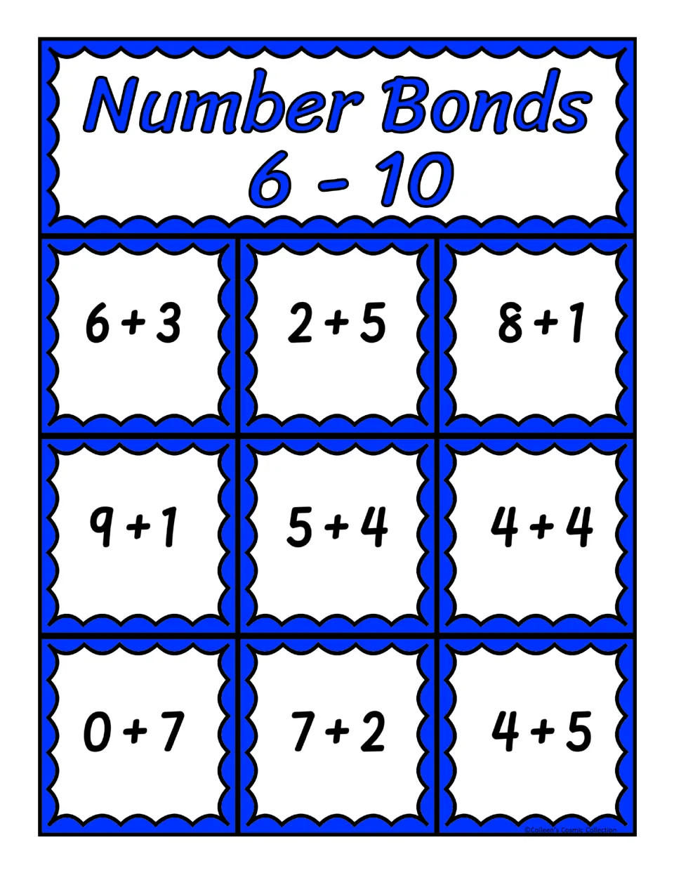 Fifth bingo board for sums 6–10: 6 + 3, 2 + 5, 8 + 1, 9 + 1, 5 + 4, 4 + 4, 0 + 7, 7 + 2, and 4 + 5
