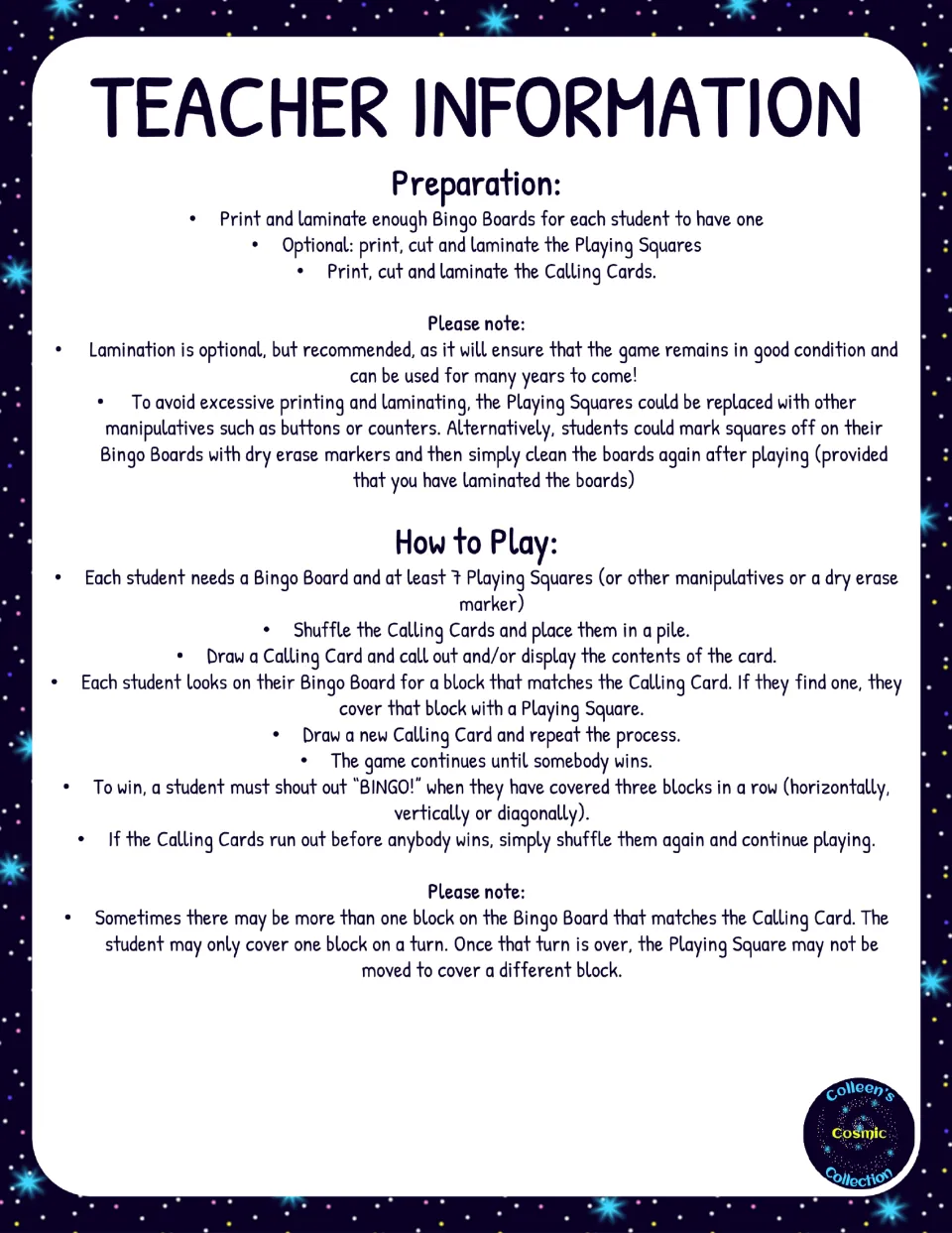 Teacher instructions for preparing bingo boards and calling cards, covering matches, and winning with three in a row