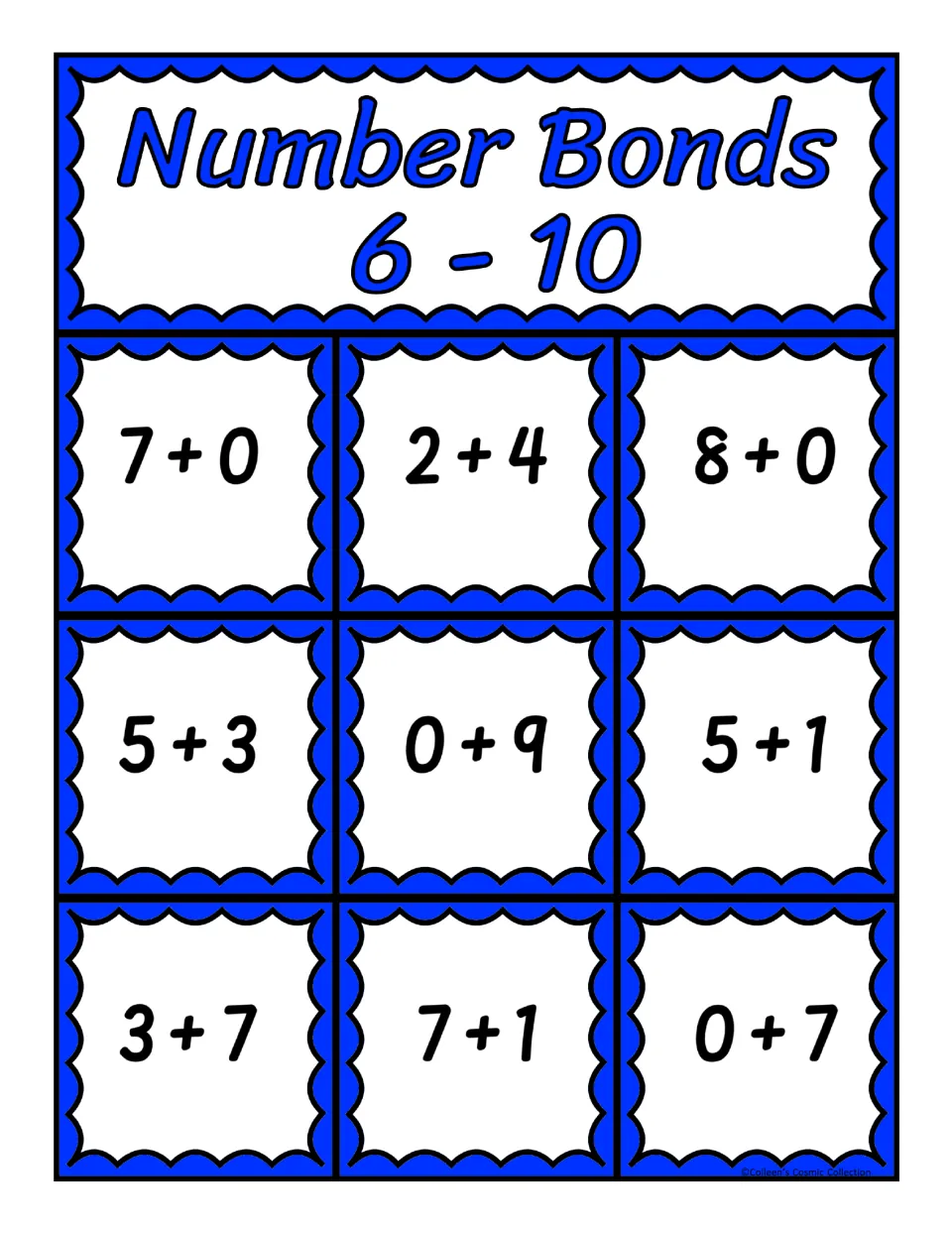 First bingo board for sums 6–10, featuring nine addition expressions including 7 + 0, 2 + 4, 8 + 0, and 5 + 3
