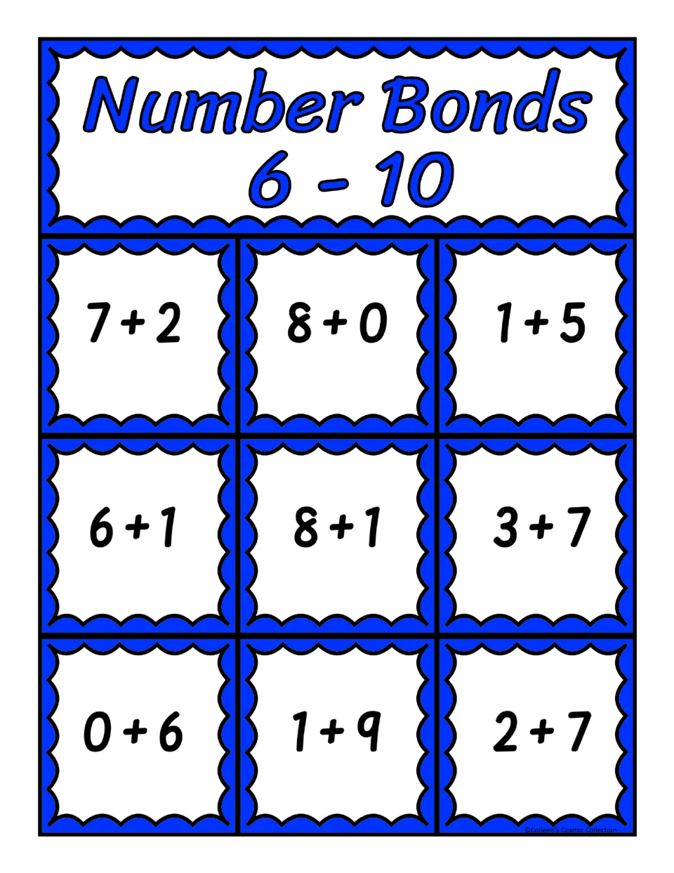 Second bingo board for sums 6–10, featuring nine addition expressions including 7 + 2, 8 + 0, 1 + 5, and 6 + 1