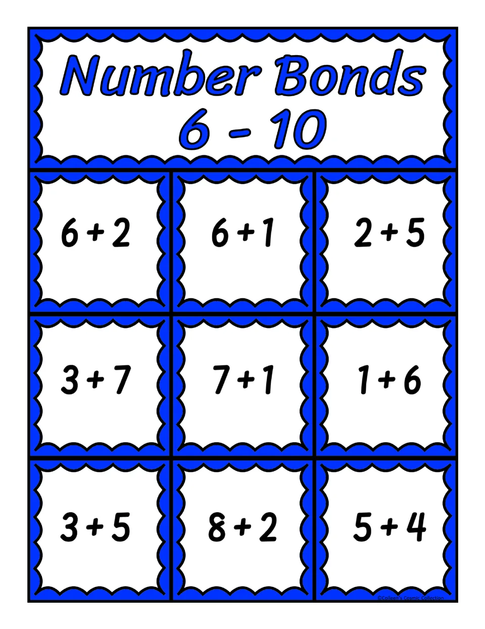 Third bingo board for sums 6–10, featuring nine addition expressions including 6 + 2, 6 + 1, 2 + 5, and 3 + 7