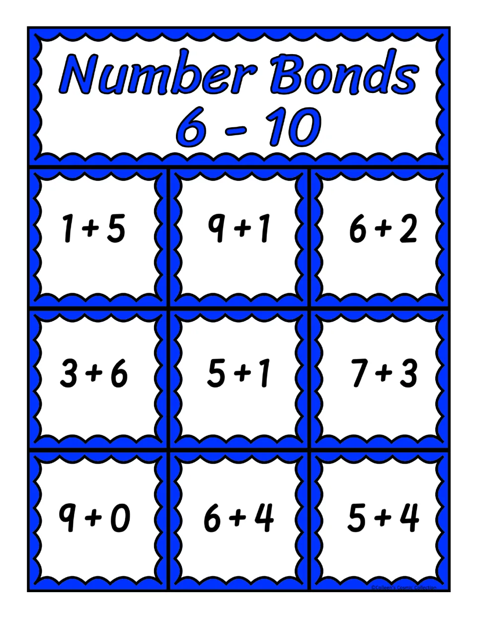 Fourth bingo board for sums 6–10, featuring nine addition expressions including 1 + 5, 9 + 1, 6 + 2, and 3 + 6