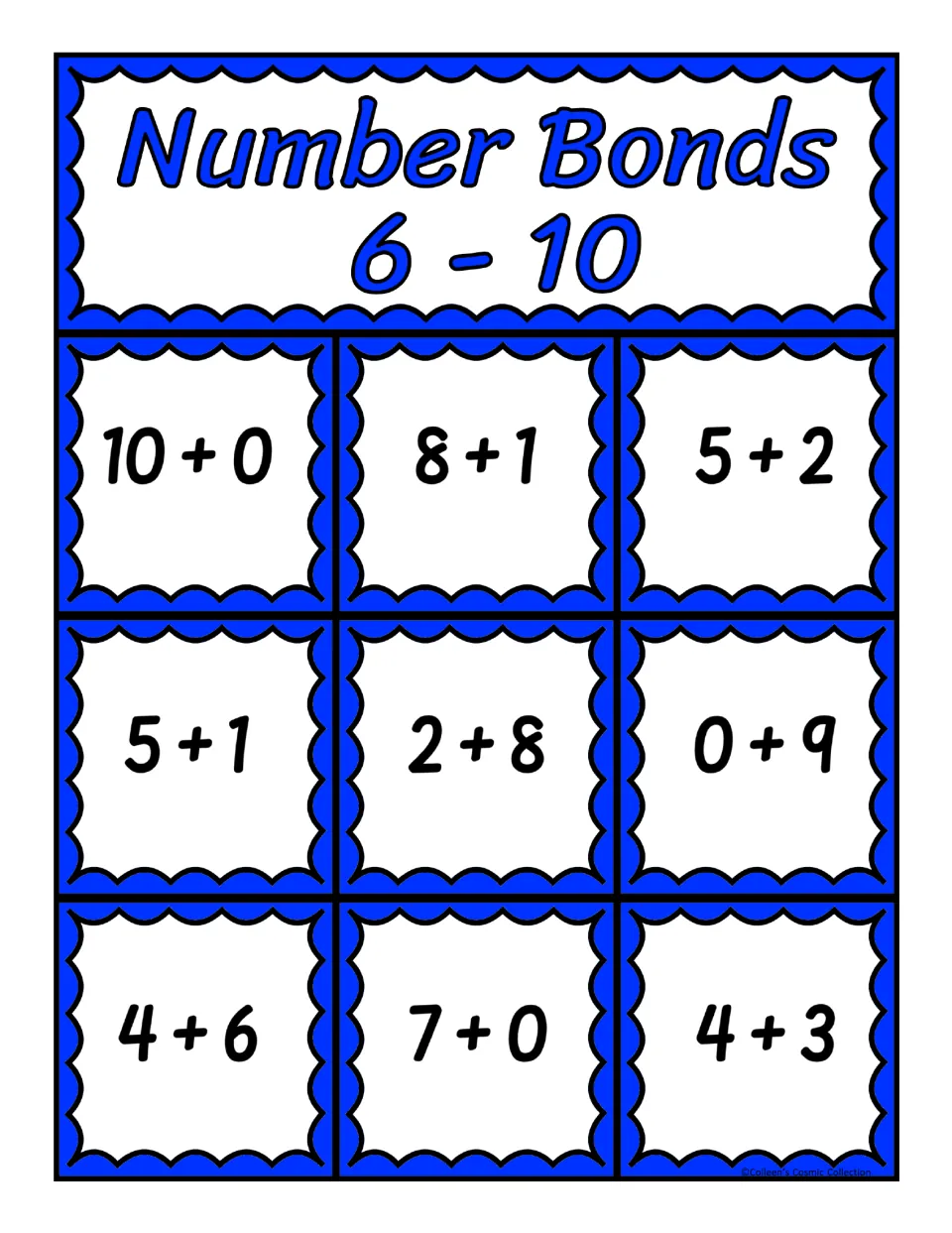 Fifth bingo board for sums 6–10, featuring nine addition expressions including 10 + 0, 8 + 1, 5 + 2, and 5 + 1