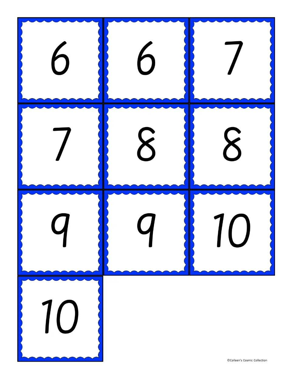 Ten bingo calling cards, two each for 6, 7, 8, 9, and 10, to match addition expressions on the five boards