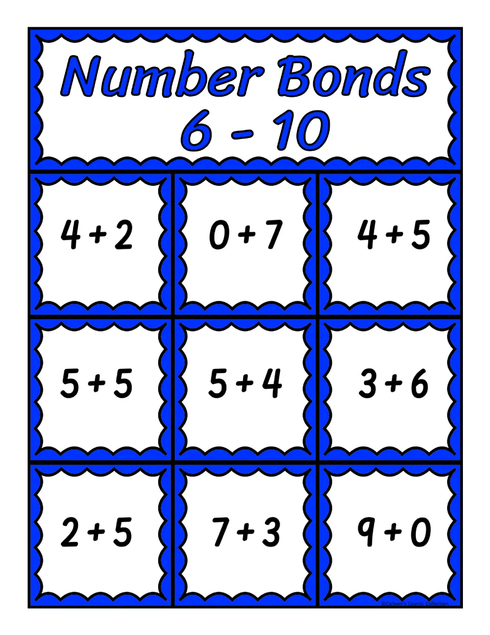 First bingo board for sums 6–10: 4 + 2, 0 + 7, 4 + 5, 5 + 5, 5 + 4, 3 + 6, 2 + 5, 7 + 3, and 9 + 0