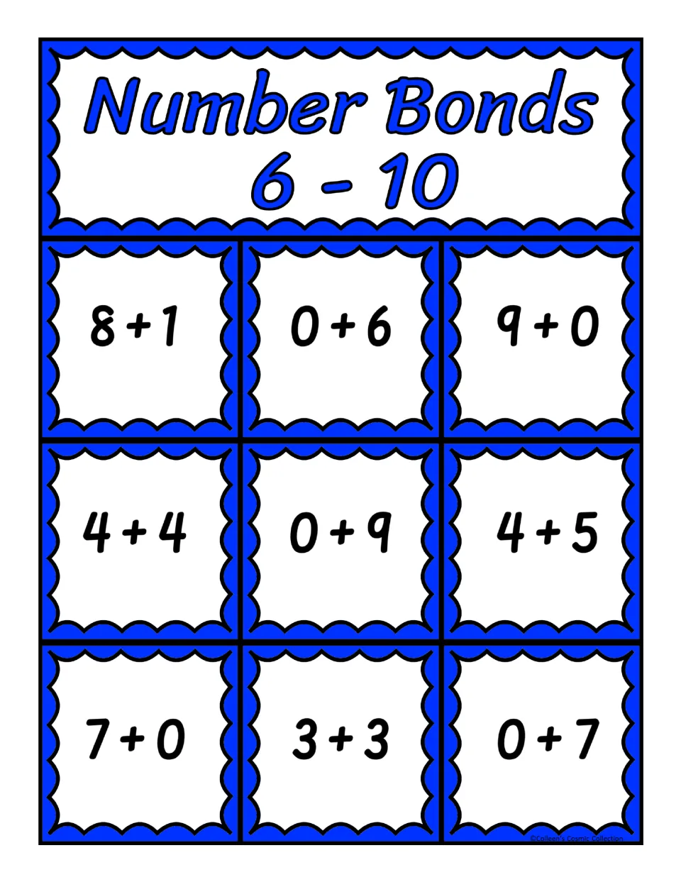 Second bingo board for sums 6–10: 8 + 1, 0 + 6, 9 + 0, 4 + 4, 0 + 9, 4 + 5, 7 + 0, 3 + 3, and 0 + 7