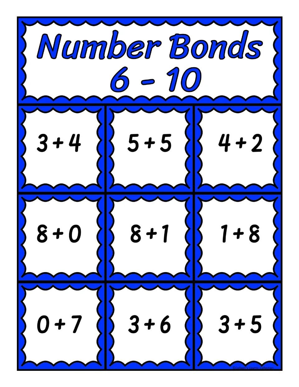 Third bingo board for sums 6–10: 3 + 4, 5 + 5, 4 + 2, 8 + 0, 8 + 1, 1 + 8, 0 + 7, 3 + 6, and 3 + 5