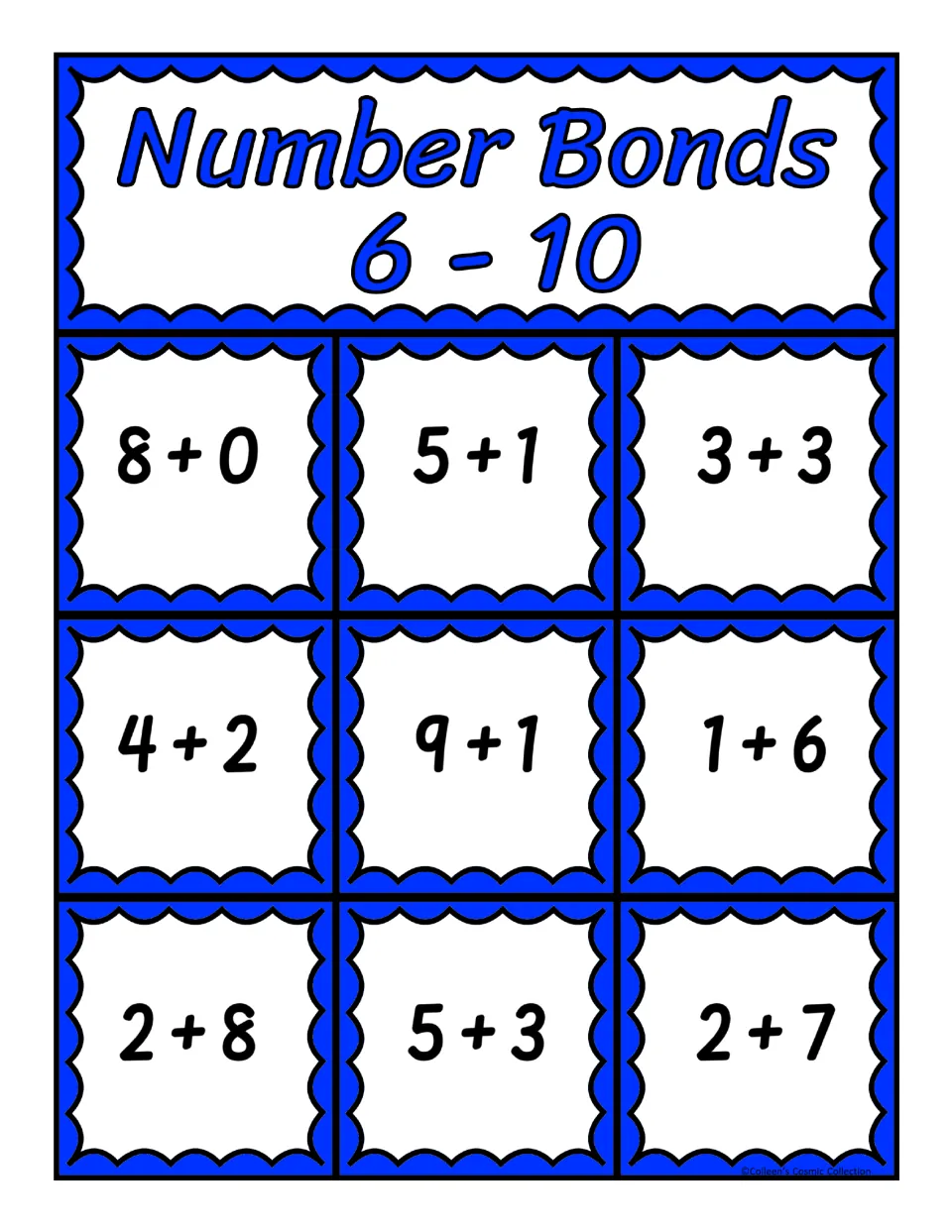 Fourth bingo board for sums 6–10: 8 + 0, 5 + 1, 3 + 3, 4 + 2, 9 + 1, 1 + 6, 2 + 8, 5 + 3, and 2 + 7