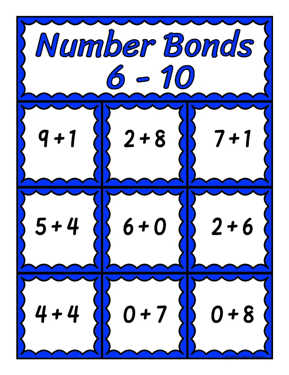 Fifth bingo board for sums 6–10: 9 + 1, 2 + 8, 7 + 1, 5 + 4, 6 + 0, 2 + 6, 4 + 4, 0 + 7, and 0 + 8