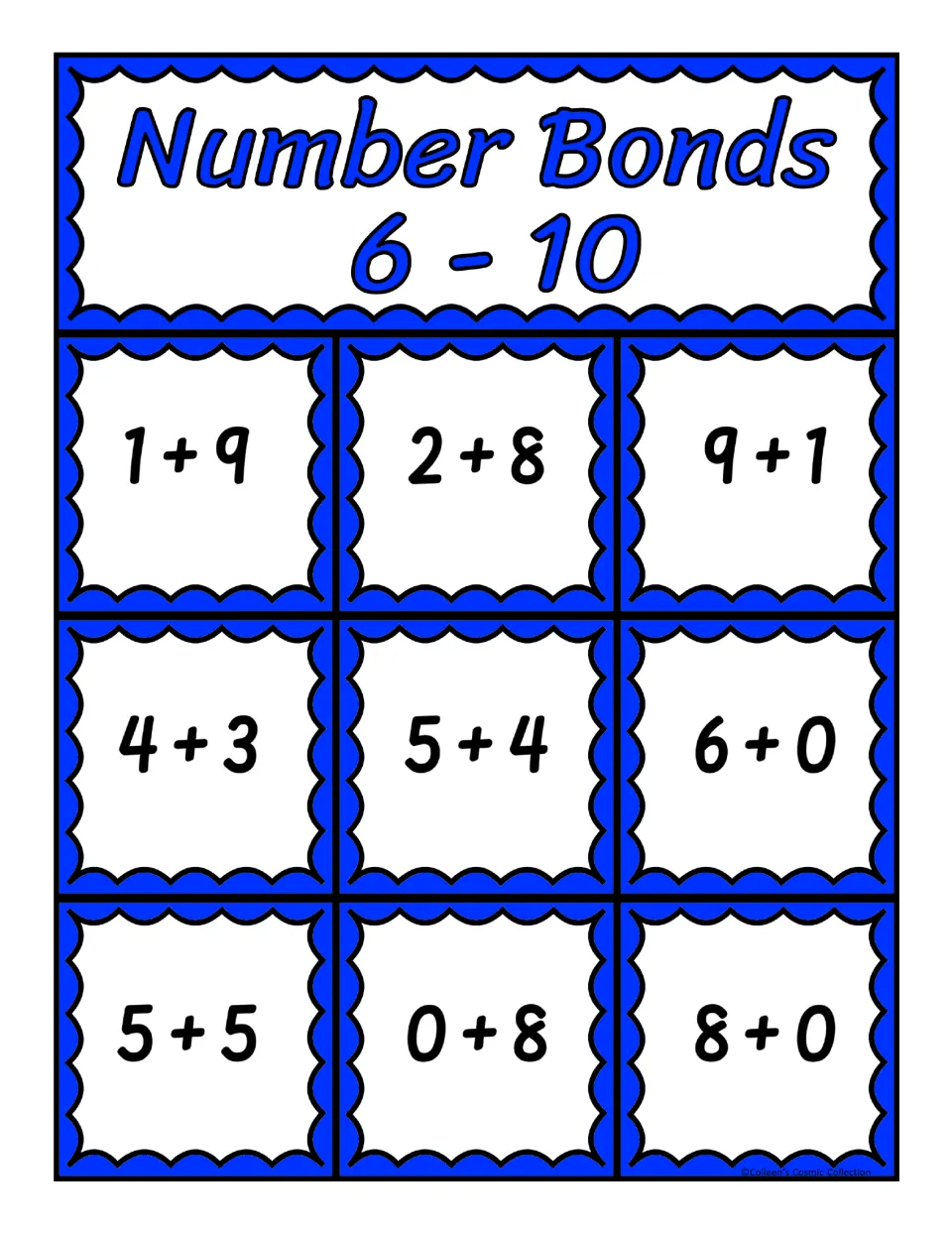 First bingo board for sums 6–10: 1 + 9, 2 + 8, 9 + 1, 4 + 3, 5 + 4, 6 + 0, 5 + 5, 0 + 8, and 8 + 0