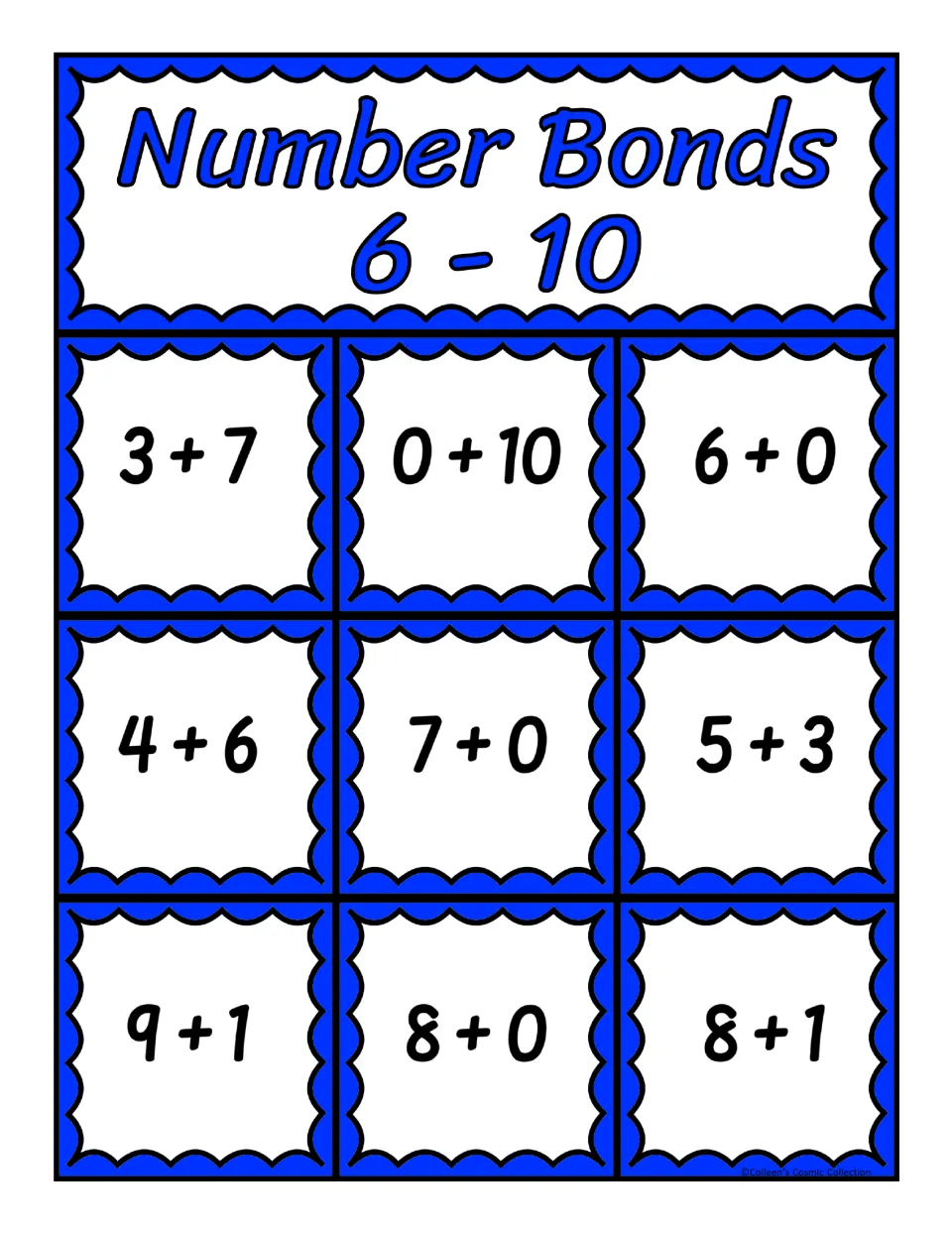 Second bingo board for sums 6–10: 3 + 7, 0 + 10, 6 + 0, 4 + 6, 7 + 0, 5 + 3, 9 + 1, 8 + 0, and 8 + 1
