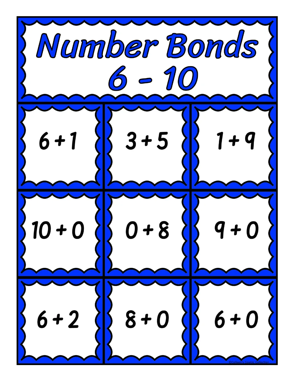 Third bingo board for sums 6–10: 6 + 1, 3 + 5, 1 + 9, 10 + 0, 0 + 8, 9 + 0, 6 + 2, 8 + 0, and 6 + 0