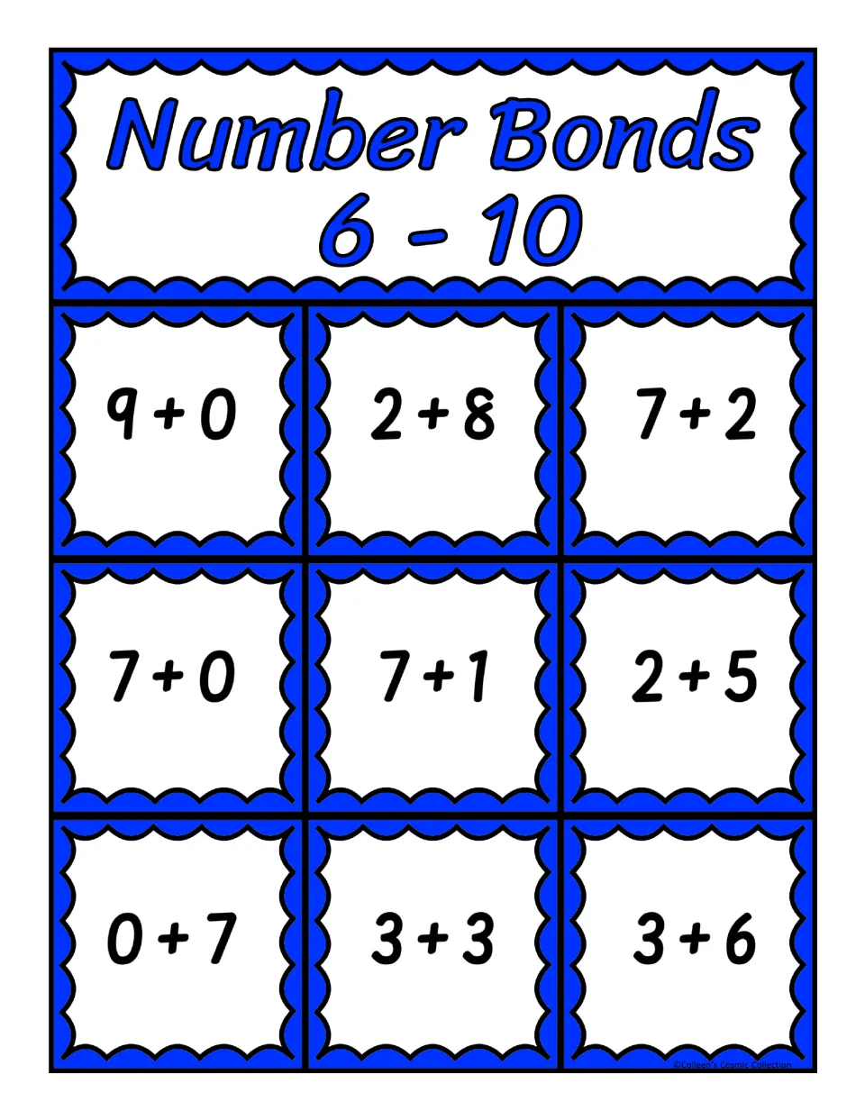 Fifth bingo board for sums 6–10: 9 + 0, 2 + 8, 7 + 2, 7 + 0, 7 + 1, 2 + 5, 0 + 7, 3 + 3, and 3 + 6