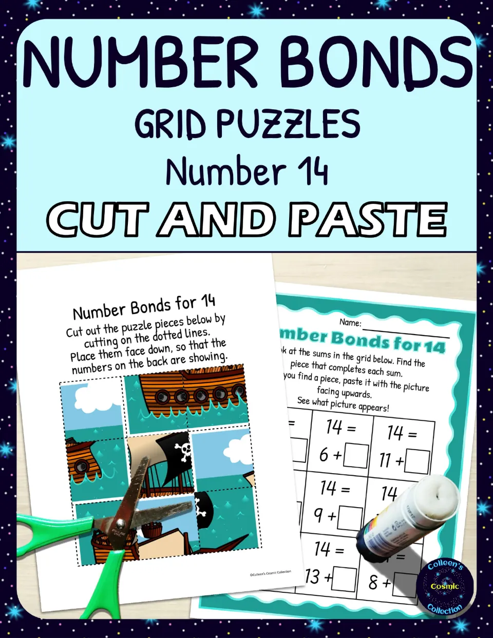 Number bonds grid puzzles for 14 cover: a cut-out pirate ship puzzle sheet beside a 14 = 6 + ? sums sheet