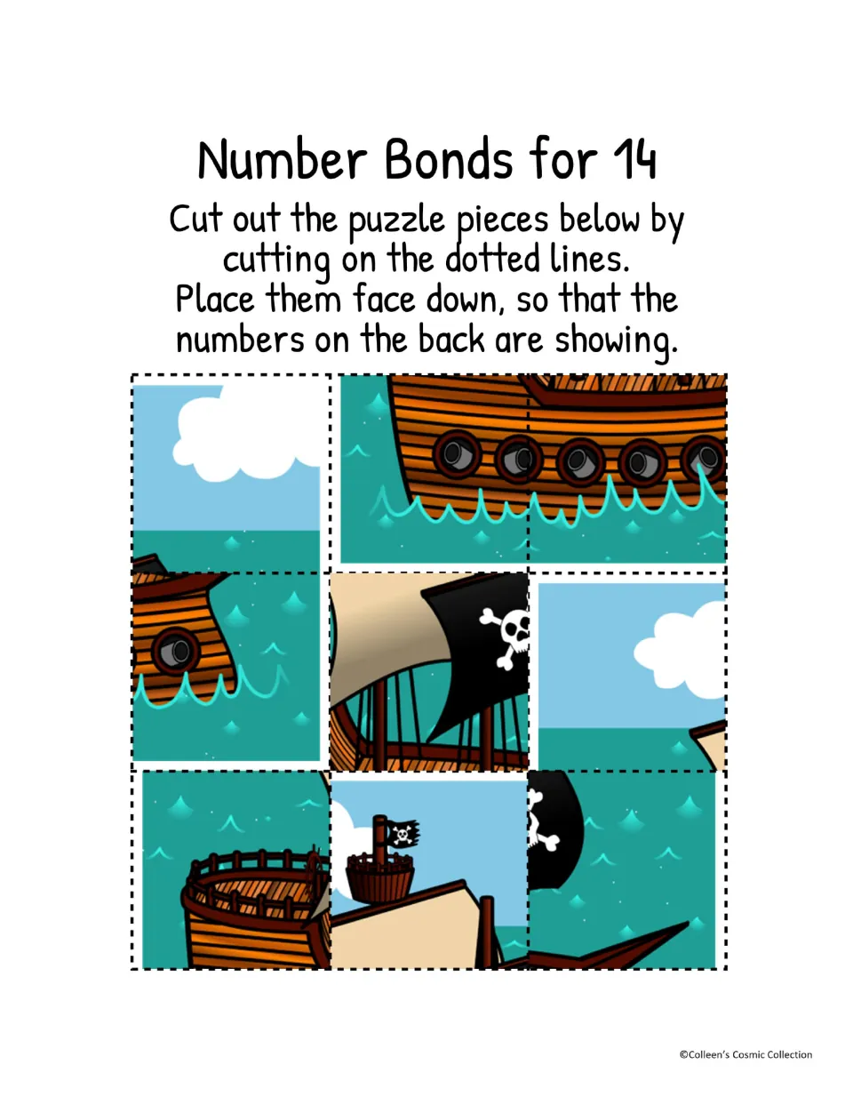 Pirate ship picture for 14 in colour: students cut out nine cut-out pieces on the dotted lines and turn them face down