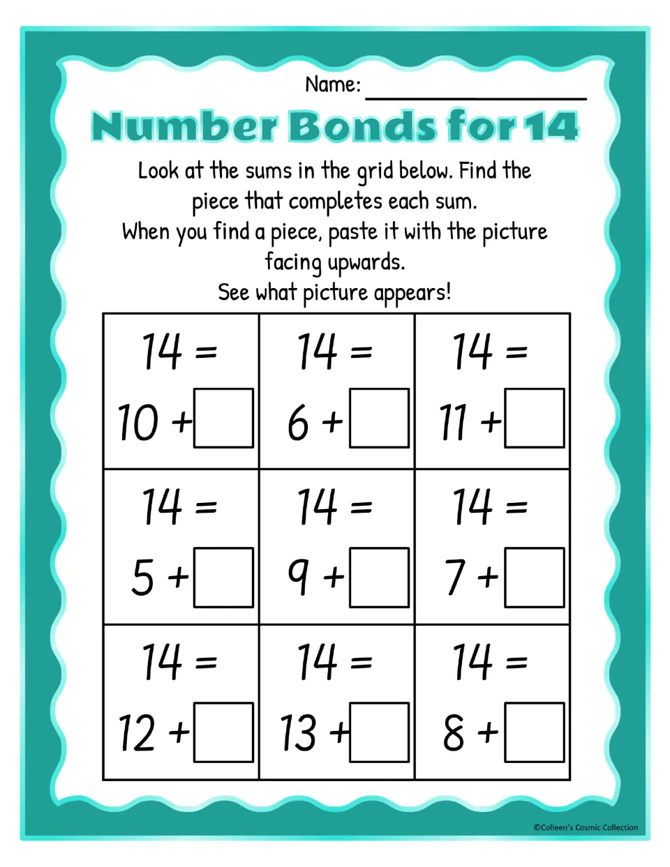 Number bonds for 14 in colour: students solve nine missing-addend sums such as 14 = 10 + ? and paste the matching piece
