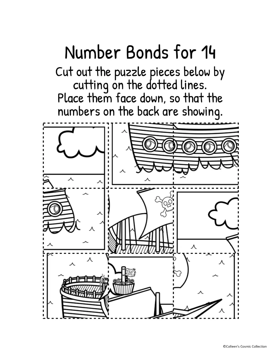 Black and white pirate ship puzzle pieces for 14: students cut out nine cut-out pieces and lay them number side up