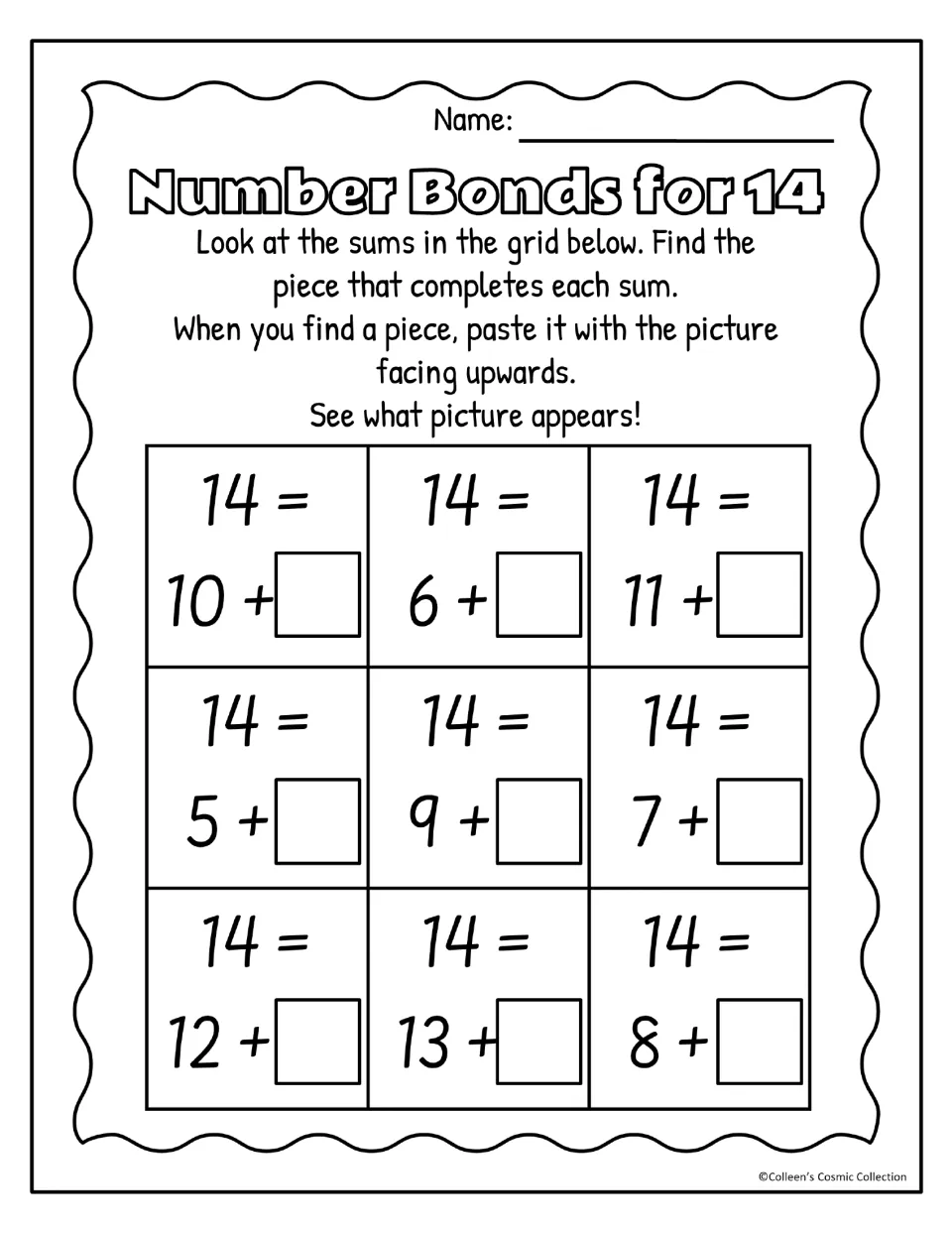 Black and white missing-addend sheet for 14: students find the part for 14 = 13 + ?, 8 + ? and seven more, pasting pieces