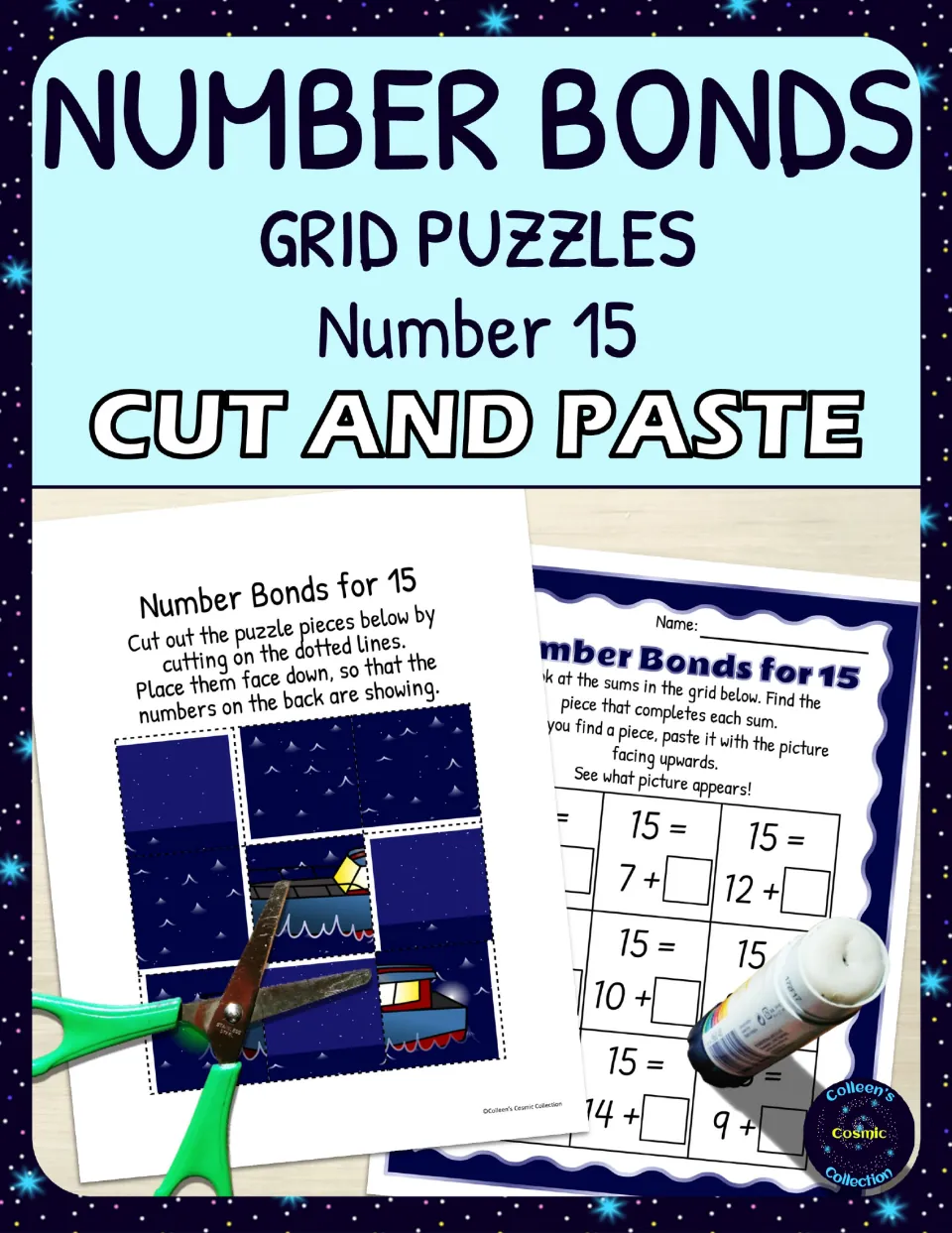 Number Bonds Puzzles cover for number 15: boat picture pieces to cut out and a sheet of sums like 15 = 7 + ?