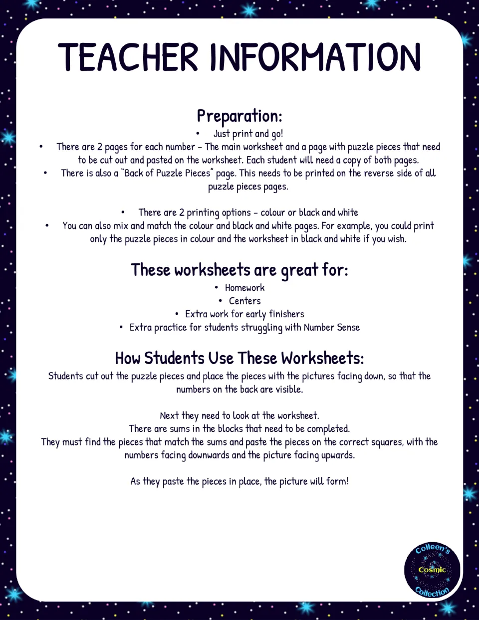 Teacher information: print and prep steps, colour or black-and-white options, and how students match pieces to the sums