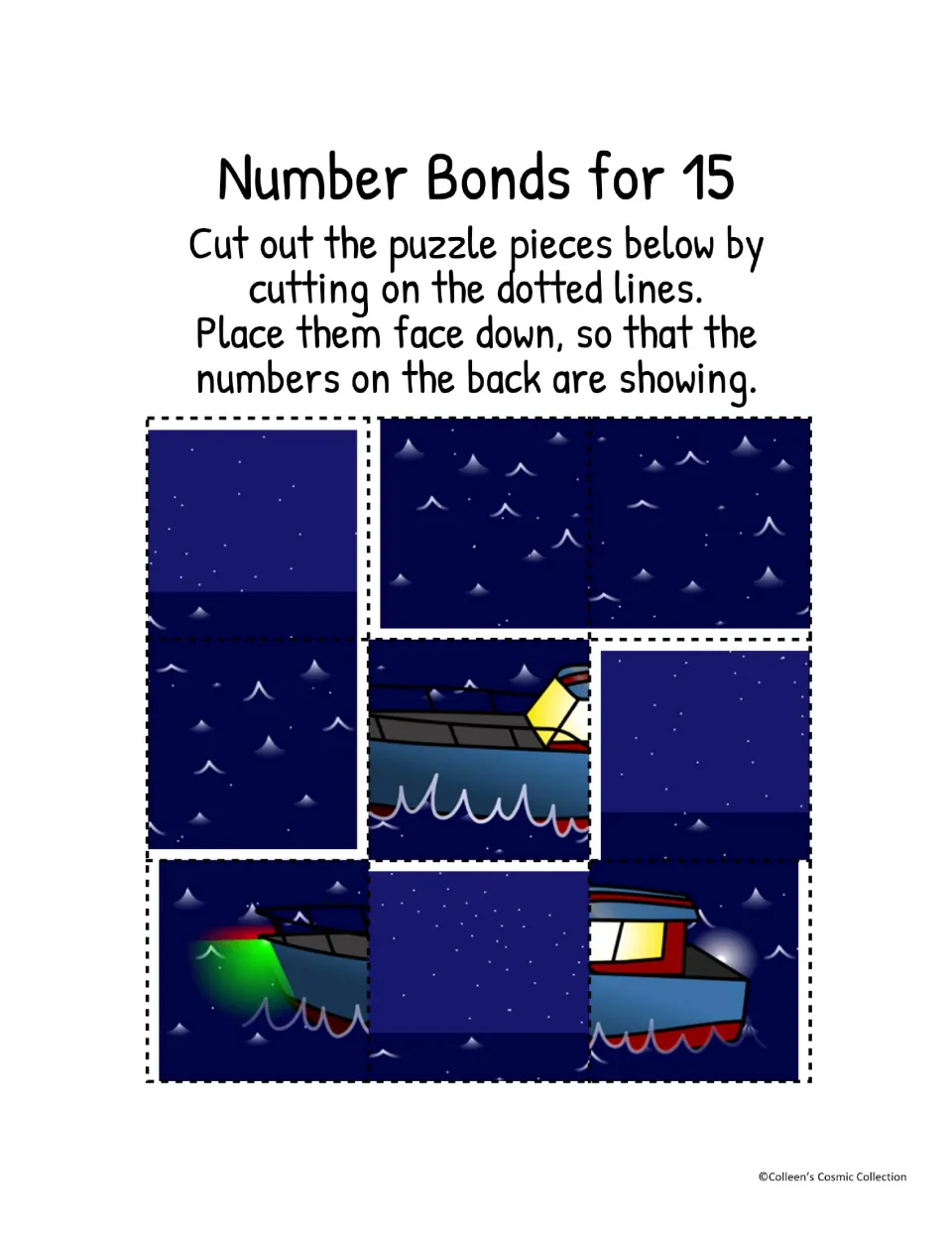 Number bonds for 15 colour puzzle pieces: students cut out nine night-sea pieces showing a boat and place them face down