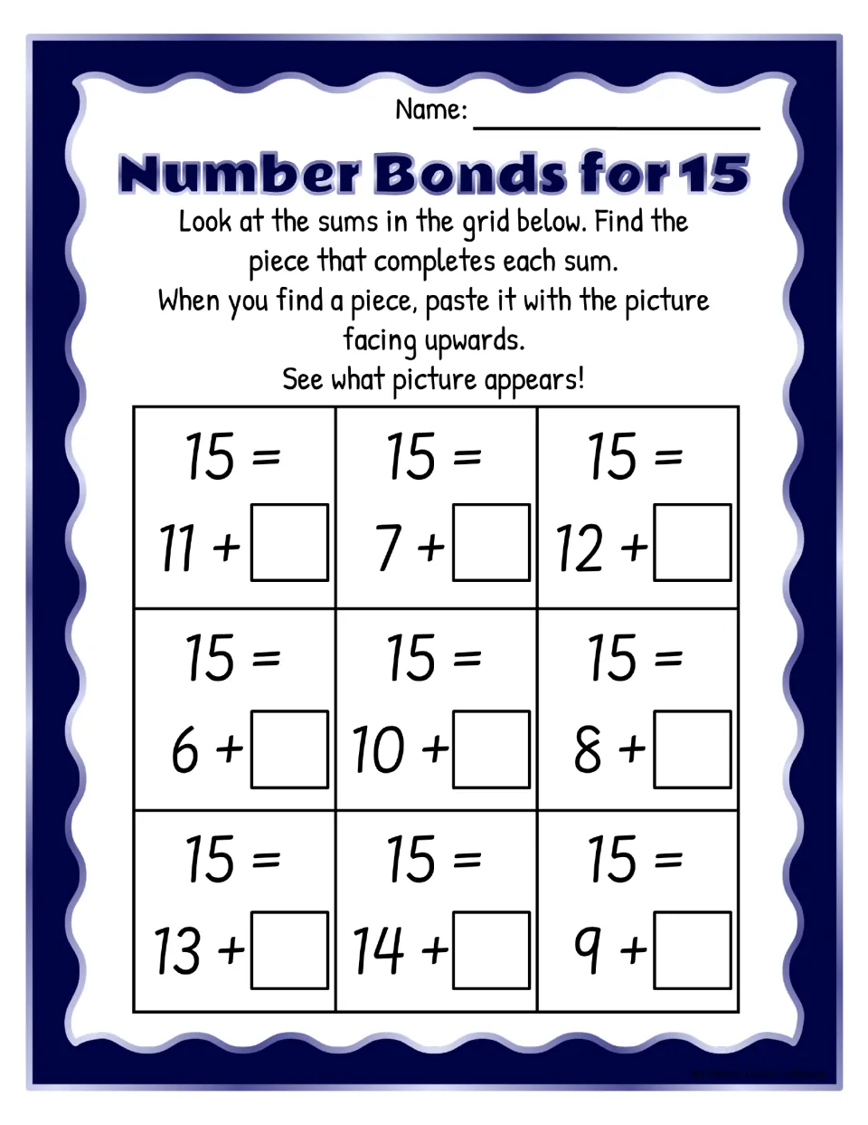 Number bonds for 15 in colour: students find the missing addend for nine sums like 15 = 11 + ? and paste the matching piece