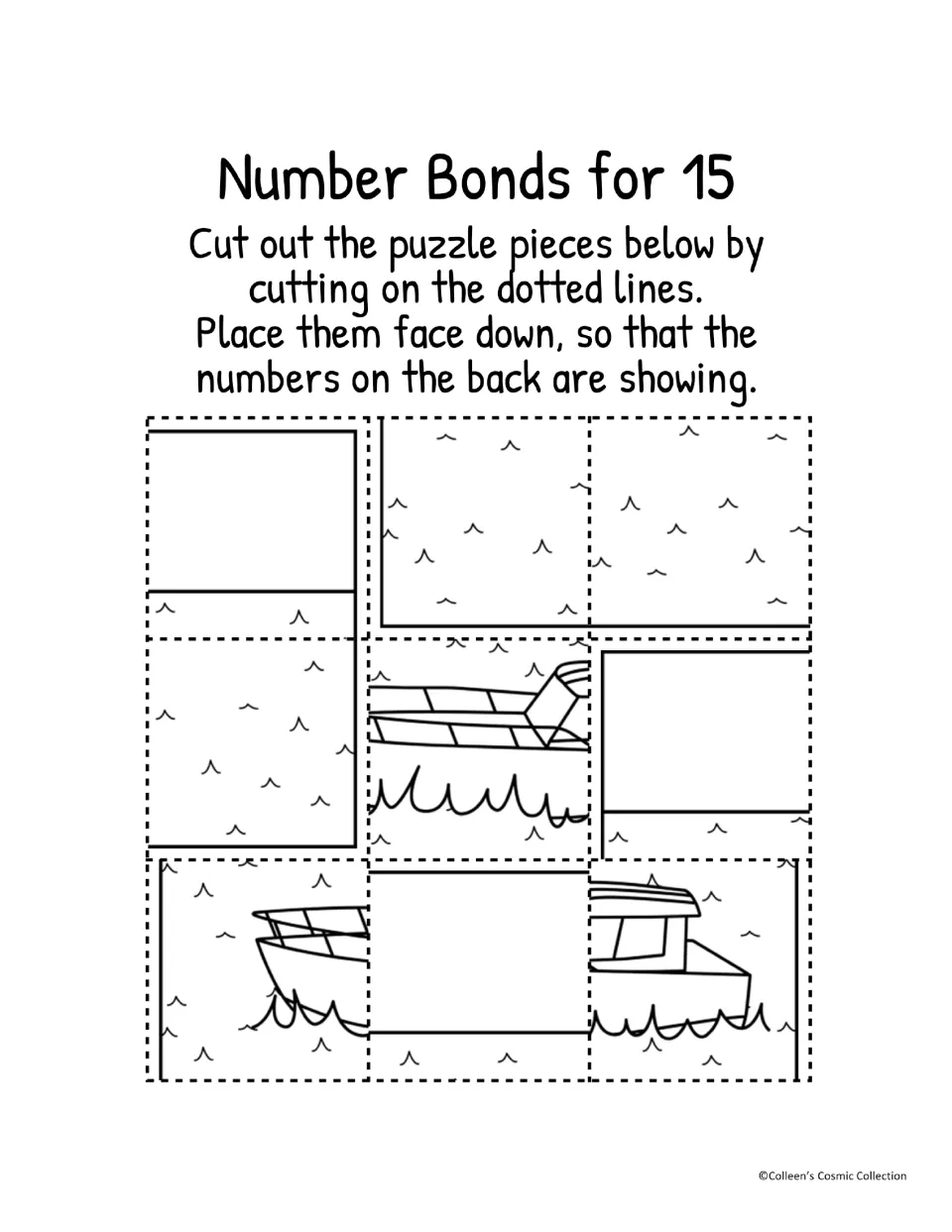 Black-and-white number bonds for 15 pieces: students cut out nine outlined boat and wave pieces to place face down