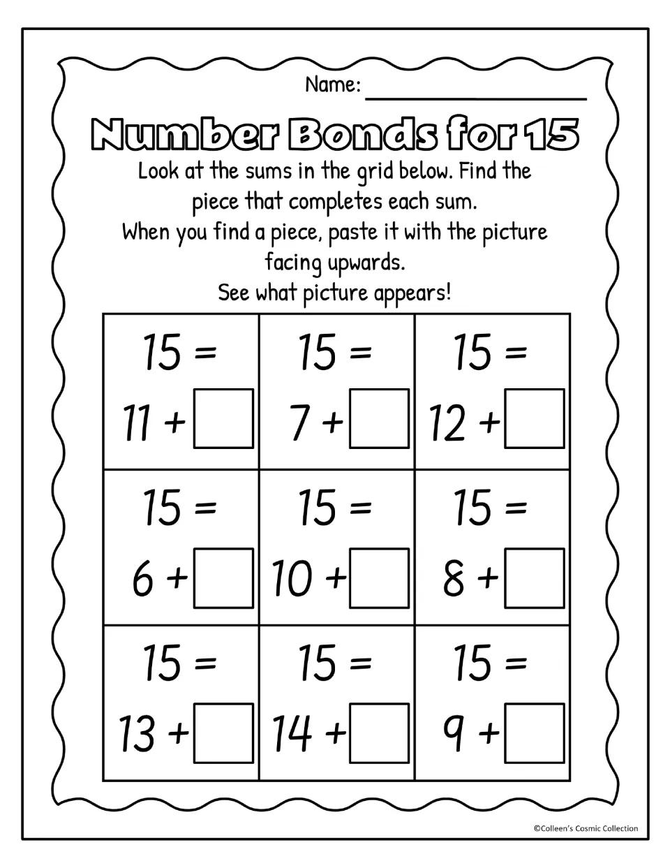 Black-and-white sums for 15: students complete 15 = 9 + ? and eight more missing-addend sums by pasting the matching piece