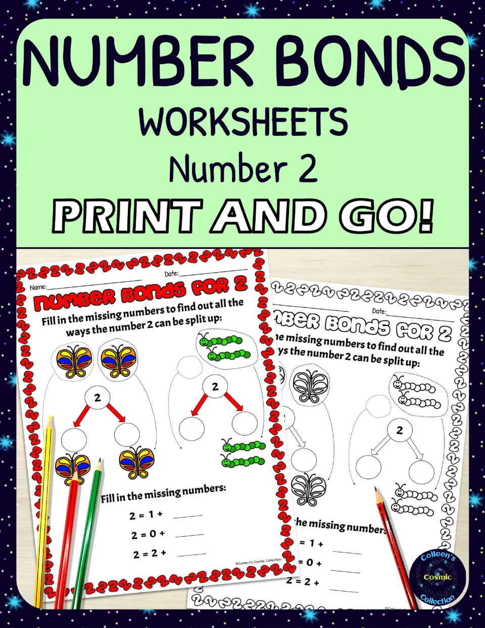 Number Bonds Worksheets, Number 2 cover showing color and black-and-white butterfly and caterpillar bond sheets