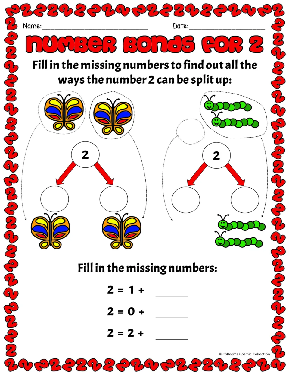 Number bonds for 2 in color: students count butterflies and caterpillars to split 2, then complete 2 = 1 +, 0 + and 2 +