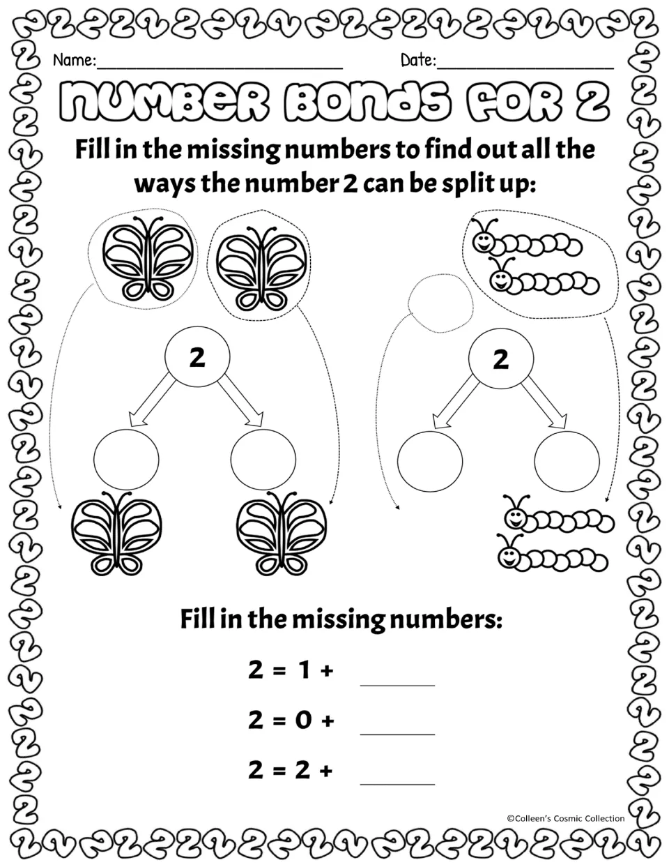Black-and-white version: count two butterflies and two caterpillars to fill bond parts, then complete three sums for 2