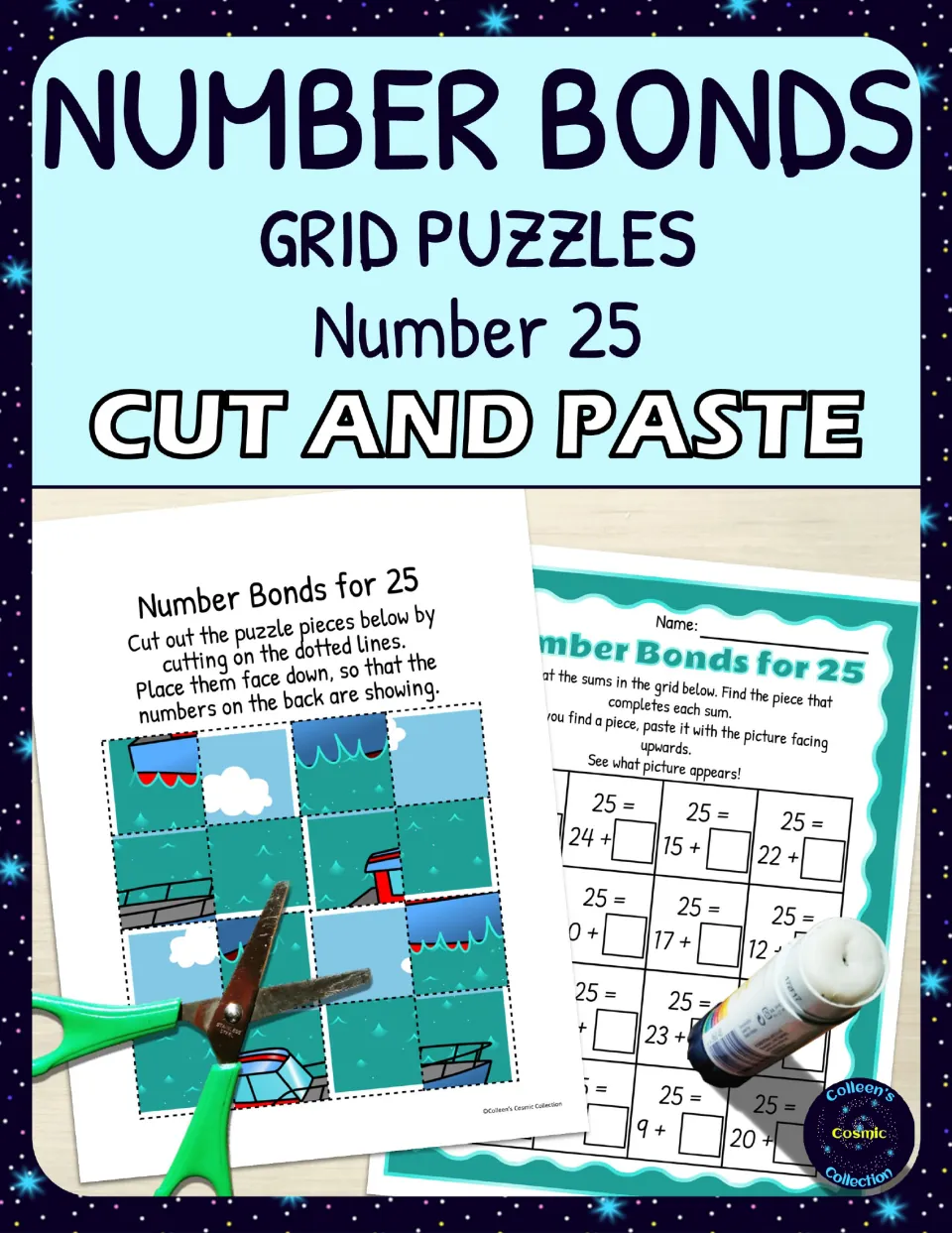 Cover of the number bonds for 25 cut-and-paste puzzle, showing picture pieces and missing-addend practice