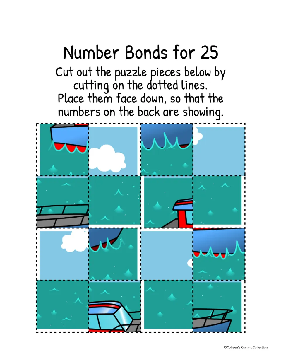Color puzzle sheet: 16 pieces of a boat picture to cut out and match to the number bonds for 25 worksheet