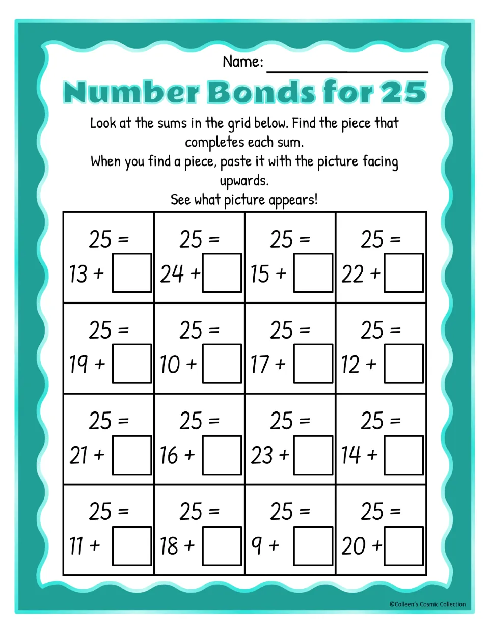 Color number bonds for 25 worksheet with 16 missing-addend problems, including 13 + __ and 24 + __