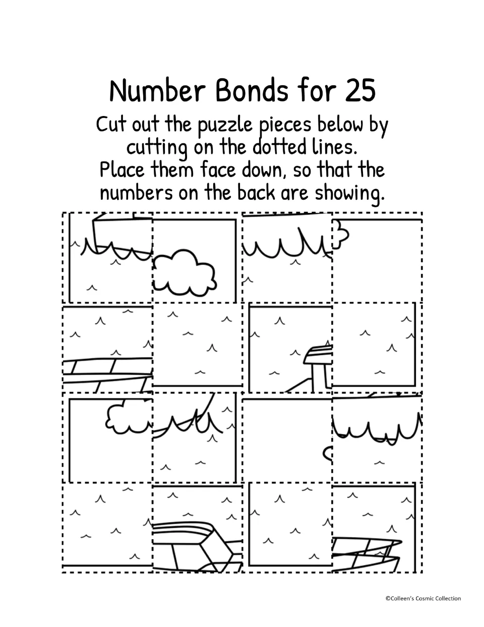 Black-and-white puzzle sheet: 16 boat picture pieces to cut out and match to number bonds totaling 25