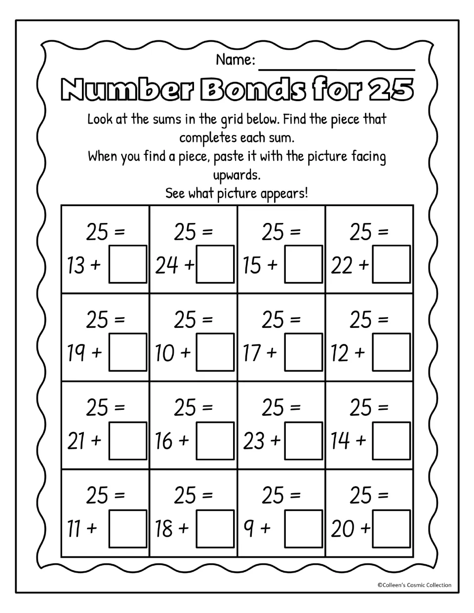 Black-and-white number bonds for 25 worksheet with 16 missing-addend problems, including 19 + __ and 10 + __