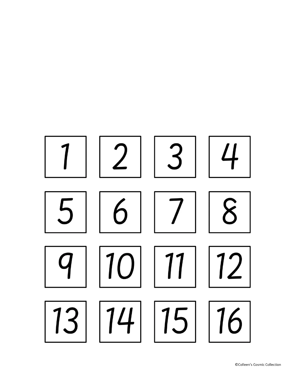 Numbers 1–16 for printing on the backs of the picture pieces and matching to missing addends totaling 25