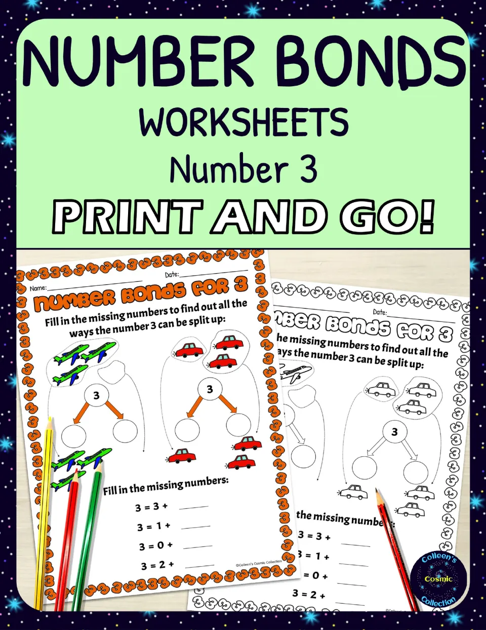 Cover: Number Bonds Worksheets, Number 3, print and go, showing color and black-and-white pages with planes and cars
