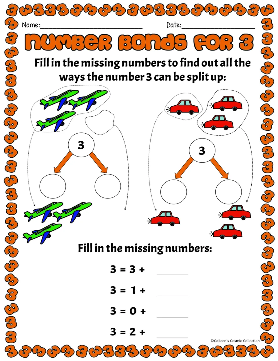 Number bonds for 3 in color: students count planes and cars to split 3 into parts, then complete 3 = 3 + __ sums