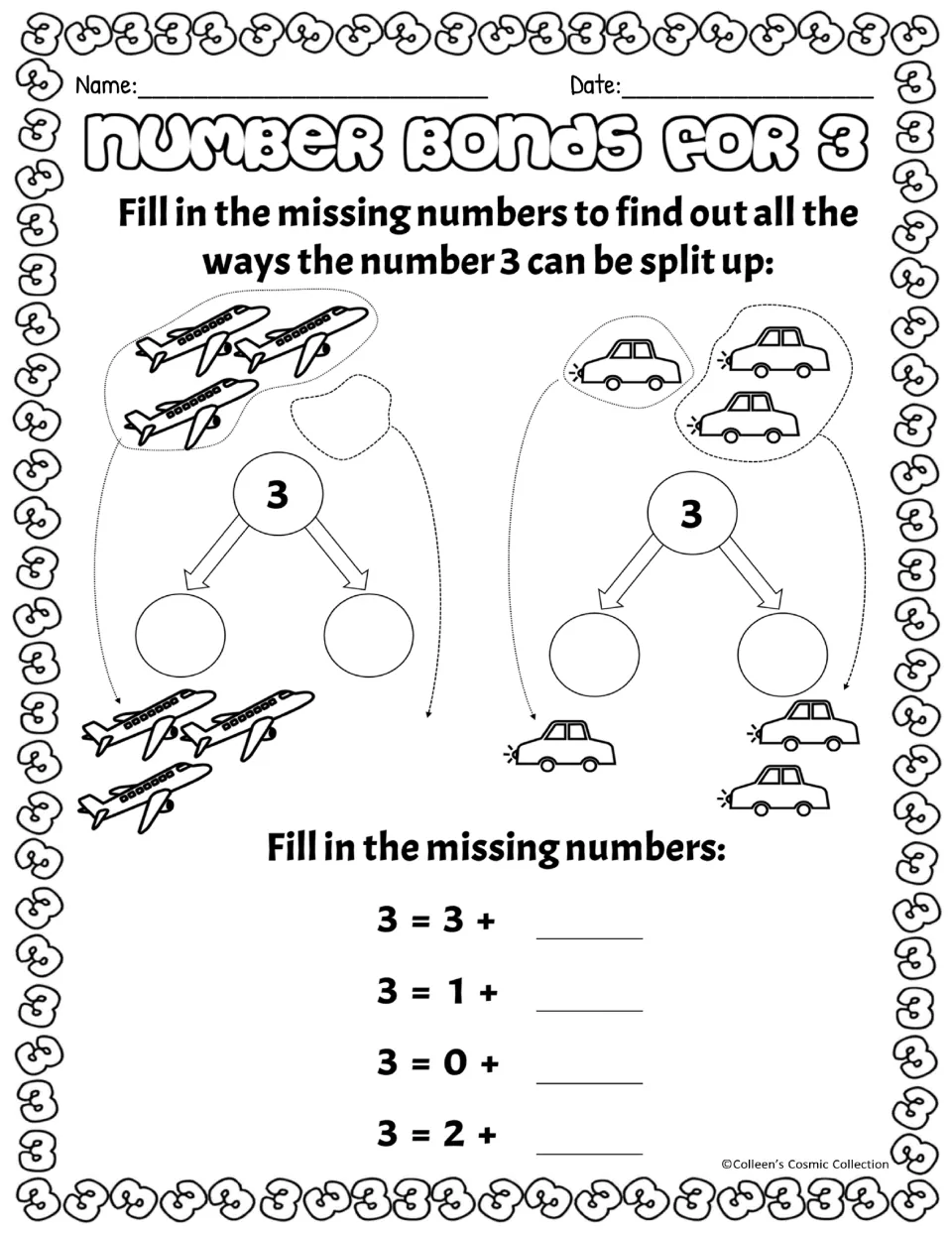 Black-and-white version: students count outlined planes and cars to fill number bonds for 3 and missing addends