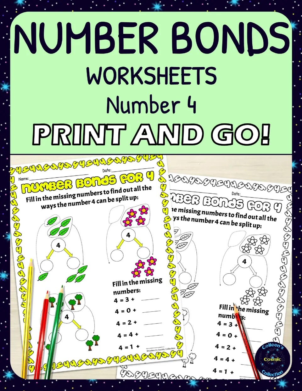 Number bonds cover for the number 4: color and black-and-white print-and-go worksheets with picture bonds and sums