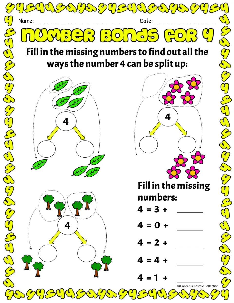 Number bonds for 4 in color: students count leaves, flowers and trees to split 4 into parts, then complete 5 sums