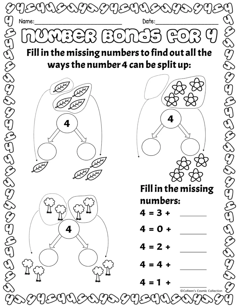 Number bond practice for 4 in black and white: count pictures to fill each bond, then finish sums such as 4 = 0 + __