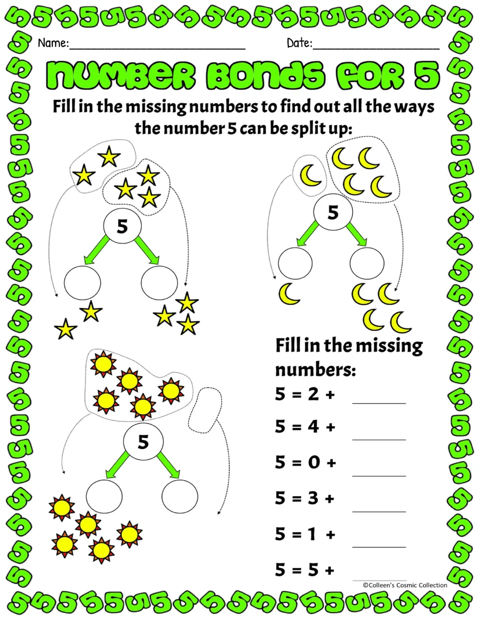 Decomposing 5 in colour: students count stars, moons and suns to fill each number bond, then complete six sums like 5 = 2 + _
